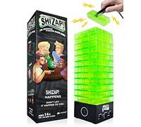 Amped Gamez ShiZap! - Gioco di blocchi impilabili per scosse elettriche, blocchi a torre in plastica, pinzette scioccanti, base a LED che riproduce musica suspense, giochi divertenti per feste in