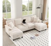 Ampio divano a 4 posti a forma di U con vano portaoggetti, tessuto in velluto e cuscino, portabevande in acciaio inox e due porte USB, adatto per soggiorno, camera da letto e appartamenti (beige)