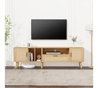 Ampio mobile TV da 180 cm con decorazione in rattan, 2 ante + cassetto, gambe in legno massello e gestione dei cavi, elegante armadio per TV da 80 pollici (180 x 48 x 60 cm, colore legno)