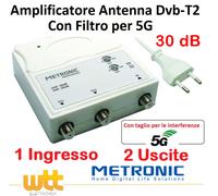 AMPLIFICATORE ANTENNA TV DVB-T2 ALIMENTATO DI LINEA DA INTERNO 2 OUT 30dB