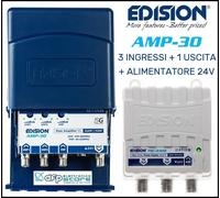 EDISION AMP-30 Amplificatore Antenna TV da palo 2UHF, 1VHF/FM, 17-32db Regolabile, 107dBmV, 24V, per Digitale Terrestre DVB-T/T2, con filtro 5G LTE, Frequenze UHF 470-694Mhz, VHF/FM 45-232MHz