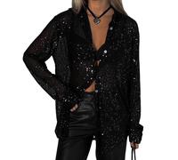 AMPOSSTO Camicia da donna a maniche lunghe con colletto con paillettes e bottoni sul davanti, camicetta ampia, nero, XX-Large