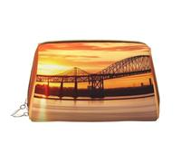 AMREWQYL Newark Bay Bridge and Sunset borsa cosmetica portatile in pelle stampata pochette, bianco, Taglia unica