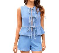 amropi 2 Pezzi Completi in Denim da Donna Estate Gilet Senza Maniche Canotta con Lacci Frontale e Pantaloncini di Jeans Set Blu Chiaro,S