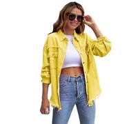 amropi Giacca Jeans con Bottoni Donna Giubbino Strappato Denim Jacket Leggere Camicetta Giacche Giallo, XXL
