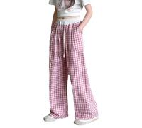 amropi Ragazze Pantaloni a Quadri Gamba Larga Palazzo Elastico in Vita Larghi Coulisse Pantalone con Tasche Rosa, 11-12 Anni