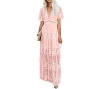 amropi Vestito di Pizzo Lungo Donna Cerimonia Scollo a V Manica Corta Maxi Abito da Cerimonia Rosa,L