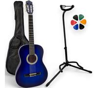 Amrova - Set Chitarra Classica 3/4 Bambino 8-12 anni Mancino + Custodia + Supporto da Terra Pieghevole + 6 Plettri - Corde Nylon, Consegnata Accordata (Blu, 3/4, Mancino)