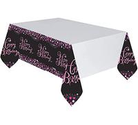 Amscan 9900572 - Tovaglia Happy Birthday, 1 pezzo, dimensioni 120 x 180 cm, rosa, plastica, scintillante, glitter, bianco con motivi in nero e rosa, buon compleanno, coriandoli