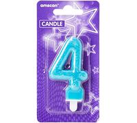 amscan- Numero Candela con Glitter per Torte, Blu, 4, 9900765