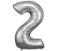 Amscan 9906287 - Palloncino gigante in foil numero 2, dimensione 50 x 88 cm, argento, XXL, palloncino ad elio, compleanno, anniversario, decorazione per feste