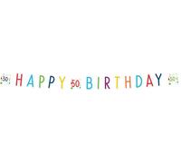 Amscan 9906770 - Catena party coriandoli compleanno 50, dimensioni 180 x 13,8 cm, bianca con coriandoli, scritta HAPPY BIRTHDAY e 3 x il numero 50, in carta, compleanno rotondo, decorazione, ghirlanda