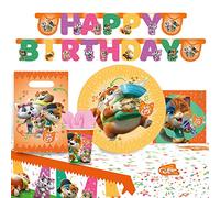 Amscan 9907558 - Set per feste, 44 gatti, composto da: 8 piatti da 23 cm, 16 tovaglioli da 33 x 33 cm, 8 bicchieri da 250 ml, tovaglia di carta da 120 x 180 cm, 8 sacchetti di carta, ghirlanda da 205 cm