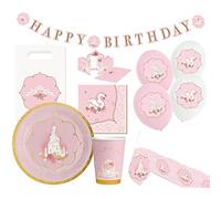 amscan 9907569-66 Princess for a Day, Set di stoviglie USA e Getta e Decorazioni, 56 Pezzi, Principessa, Cigno, Castello, Compleanno per Bambini, Festa a Tema, Stampa Lettere, Multicolore