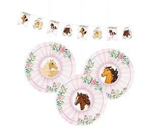 amscan 9909885 - Set di 4 Decorazioni a Forma di Cavallo, 1 Ghirlanda di bandierine e 3 Scomparti con Motivi, Decorazione per Appendere i Bambini, Feste a Tema
