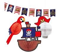 amscan 9909918 - Set di 4 Decorazioni Pirata, 1 bandierina e 3 Decorazioni a Nido d'Ape, Decorazione da Appendere in Carta, Ghirlanda, Compleanno per Bambini, Feste a Tema