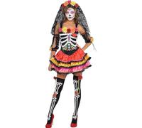 Amscan- Costume Day of The Dead (L). Contiene: Vestito, Tiara con Velo, Maniche, Leggins, Scheletro, Multicolore, 7AM844642-55