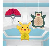 amscan Decorazioni a nido d'ape da appendere a forma di Pikachu, per feste di compleanno dei bambini, con licenza ufficiale Pokémon, confezione da 3, Multicolore, 9917119