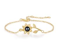 Amsgedhie Bracciale personalizzato con foto, bracciale da donna con girasole, regalo di compleanno per la festa della mamma, regalo a sorpresa di gioielleria da donna (Pietra di proiezione nera)