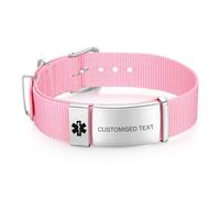 Amsgedhie Braccialetto di allarme medico personalizzato, braccialetto sportivo in nylon con braccialetto di emergenza in acciaio inox, fibbia regolabile del braccialetto 17cm~20cm, unisex (Rosa)