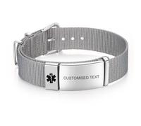 Amsgedhie Braccialetto di allarme medico personalizzato, braccialetto sportivo in nylon con braccialetto di emergenza in acciaio inox, fibbia regolabile del braccialetto 17cm~20cm, unisex (Grigio)