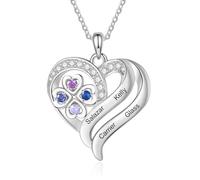 Amsgedhie Collana Cuore Personalizzata con Nome per Donna Collana Inciso con Nome Pietra Portafortuna per Mamma, Nonna Regalo Natale e Festa della mamma (Nomi 4)