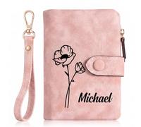 Amsgedhie Portafoglio da Donna Personalizzato con Fiore di Compleanno e Nome Incisi, Portafoglio a Doppia Piega in Pelle PU con Cinturino da Polso, Regalo per Festa della Mamma, Natale，Rosa