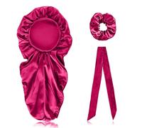 AMSLSIU 3 Pezzi Berretto da Notte Extra Lungo in Raso Set Cappello a Per Tesa Larga per Capelli Acconciatura Cravatta Avvolgi Corda Strumento per la Cura della Fascia per Donne Ragazze, Rosa Rossa