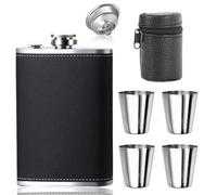 AMSNINK Fiaschetta da 220 ml, con imbuto e 4 piccole tazze, fiaschetta in acciaio inox, fiaschetta con tazza, a prova di perdite, per escursioni e feste, per uomini e donne, per whisky e rum e vodka