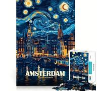 Amsterdam Paesi Bassi Notte stellata Arte Puzzle da 1000 pezzi per ragazzi Gioco cognitivo Treno Zero Gap Perfetto incastro Compatto Divertimento per il tempo di gioco in famiglia (38x52cm)