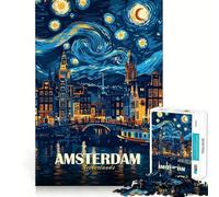 Amsterdam Paesi Bassi Notte stellata Puzzle artistico da 1000 pezzi per adulti Esercizio mentale Gioco Taglio di precisione Bordi lisci Rilassante Attività di gruppo al chiuso (38x26cm)