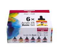 Amsterdam Set di inchiostri acrilici | Set base (6 x 30 ml) | Colori primari, nero, bianco e ocra | Inchiostro fluido con tappo contagocce