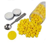 AMTOL - 300 perline di ceralacca con 2 candele bianche e 1 cucchiaio per sciogliere la cera, ideale per inviti di nozze, buste per biglietti, confezioni regalo (Giallo)