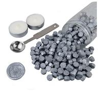 AMTOL - 300 perline di ceralacca con 2 candele bianche e 1 cucchiaio per sciogliere la cera, ideale per inviti di nozze, buste per biglietti, confezioni regalo (Argento)