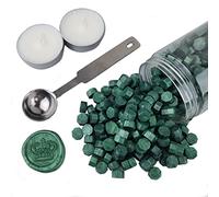 AMTOL - 300 perline di ceralacca con 2 candele bianche e 1 cucchiaio per sciogliere la cera, ideale per inviti di nozze, buste per biglietti, confezioni regalo (Verde pino)