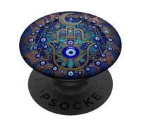Amuleto blu con mano di Hamsa e luna crescente con occhi malvagi PopSockets PopGrip Adesivo
