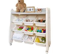 AMULONG Contenitore per Peluche Scaffale Portaoggetti In Plastica Per Giocattoli A 4 Livelli Con 9 Contenitori Per Rimovibili Baule Portagiochi per Bambini(A)