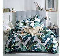 AMWAN Set copripiumino con foglie verdi tropicali, set di biancheria da letto matrimoniale in cotone a fibra lunga, set di biancheria da letto matrimoniale, reversibile, 3 pezzi, 1 copripiumino con 2
