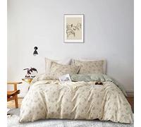 AMWAN Set di biancheria da letto in cotone bohémien, per bambini, ragazze, con stampa floreale, beige, verde, carino, copripiumino con chiusura a cerniera
