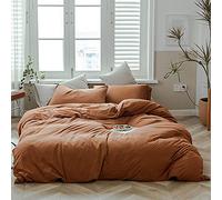 AMWAN Set di biancheria da letto in jersey di cotone lavorato a maglia color zucca, color caramello, color ruggine, stile semplice, 1 copripiumino con 2 federe