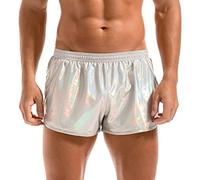 Amy Coulee Pantaloncini da uomo metallizzati rave, lucidi e scintillanti, sexy, con tasche, Argento, XL