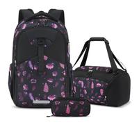Amythe Ergo Set zaino adolescente per classi dalla quinta alla tredicesima, Zaino ragazzi e ragazze composto da borsa sportiva, astuccio e copertura antipioggia, 30L, dotato di cintura rimovibile