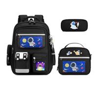 Amythe Set Zaino Bambino 8-12 Anni 3 Pezzi, Zaino Scuola Elementare Ragazzo con Porta Pranzo Termico e Astuccio, Leggero Impermeabile con Bande Riflettenti, Inizio Scuola, Nero