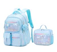 Amythe Zaino Scuola Bambina, Zaini Scolastico Moda per Bambine Ragazze dalla Prima alla Quarta Elementare, Set di Cartella Impermeabile con Borsa Pranzo e Ciondolo, Blu
