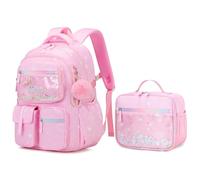 Amythe Zaino Scuola Bambina, Zaini Scolastico Moda per Bambine Ragazze dalla Prima alla Quarta Elementare, Set di Cartella Impermeabile con Borsa Pranzo e Ciondolo, Rosa