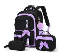 Amythe Zaino Scuola Elementare Bambina 3 Pezzi, con Borsa Porta Pranzo + Astuccio, Zaino Scolastico per Ragazze Elementari Medie con Réfléchissante, Zaino Bambini per Scuola e Viaggi, Nero Viola