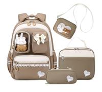 Amythe Zaino Scuola Elementare Bambina, 4 Pezzi Zaini Traspiranti con Borsa per il Pranzo Astuccio e Borsa a Tracolla, Zaino Ragazza alla moda per Scuola Primaria e Media, Marrone