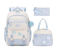 Amythe Zaino Scuola Elementare e Medie per Ragazze 9 10-14 Anni, Zaino Elementari Impermeabile con Ciondolo, 7 Tasche Set Scuola Zaini con Astuccio e Borsa Pranzo, Back to School, Blu
