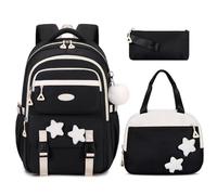 Amythe Zaino Scuola Elementare e Medie per Ragazze 9 10-14 Anni, Zaino Elementari Impermeabile con Ciondolo, 7 Tasche Set Scuola Zaini con Astuccio e Borsa Pranzo, Back to School, Nero