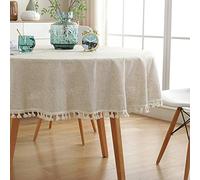AMZALI Tovaglia rotonda in cotone e lino con nappe, antipolvere, per cucina, sala da pranzo, tavolo, decorazione per la casa (152 cm, lino)
